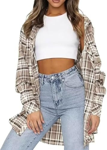 LACOZY Womens Flannel Checked Shirts Long Sleeve Buffalo Plaid Shirt | Oversized Shirts for Women, Plaid Shirts for Women, Button Down Shirt Blouses, Oversized Long Checked Flannel Top