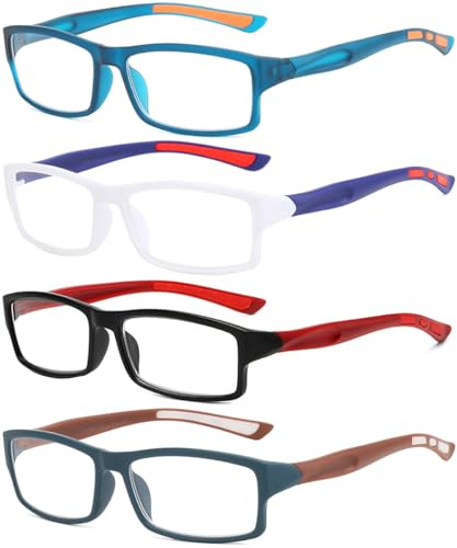 Eyglajdd 4 Paire de Lunettes de Lecture Hommes Femme, Anti Lumiere Bleue,Monture Sportif Rectangle Leger