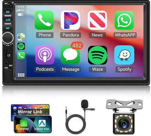 Hodozzy Double Din Car Stereo with CarPlay, Android Auto, Bluetooth 2 Din Car Radio with 7 Inch Touchscreen, MP5 Multimedia Player with Mirror Link/SWC/FM EQ USB AUX+ HD Backup Camera