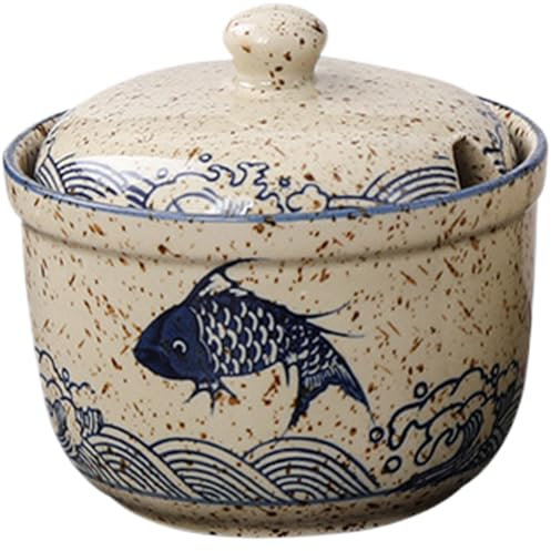Sugar Bowl with Lid and Spoon, Ceramic Salt Bowl with Japanese Pattern & Earmarked Hole Seasoning Container for Sugar, Salt, Pepper, Spices, Jams, Tea, Coffee, Sugar Bowl