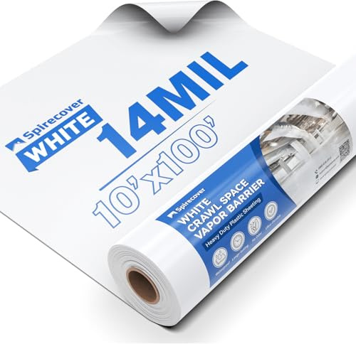 Spirecover Crawl Space Vapor Barrier - 14 Mil White Vapor Barrier, 10' x 100', Heavy Duty Polyethylene Film, Thick Plastic Sheeting, Plastic Drop Cloth Covering for Crawl Space, Basement