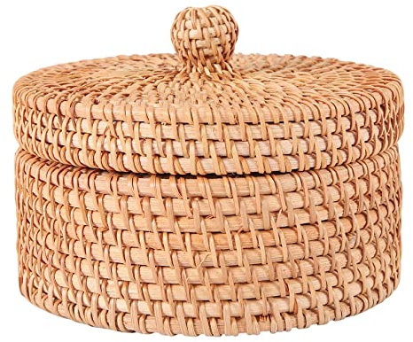 Swiixxer Caja de Almacenamiento de Mimbre Tejida una Mano con Tapa Contenedor de Comida de Té de Mimbre Cesta de Pastel de Frutas y Pan de Picnic Organizador de Cocina B