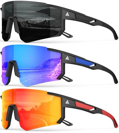 QALLY Polarized Sports Sunglasses for Men Women, UV400 Protection Mens Sunglasses Wrap Around Sun Glasses for Cycling Running（Multicolor）（A01-Grey/Drak Blue/Red）