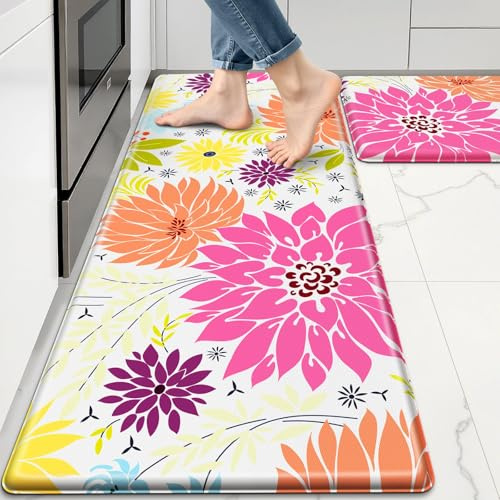 KMAT Kitchen Mat, Heavy Duty Ergonomic Comfort Foam Standing Desk Mat, Cushioned Anti Fatigue Kitchen Rugs for Floor, Waterproof Non-Slip Mats and Rugs Set for Office, Laundry，17.3x30+17.3x47