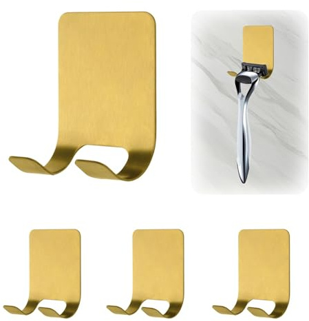 MOROBOR 4 Stück Klebe-Rasierhalter, goldene Rasiererhalter Handtuchhaken aus Edelstahl, wasserfeste Aufbewahrungshaken für Handtücher und Badezubehör für Küche und Badezimmer