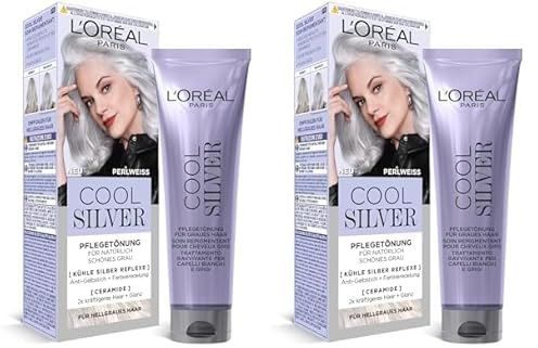 L'Oréal Paris Haarfarbe, Anti-Gelbstich, Farbveredelnde Pflegetönung mit Ceramiden, Für hellgraues Haar, Cool Silver, Farbe: Perlweiß (Packung mit 2)
