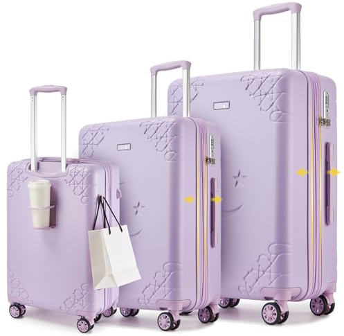 Sea choice Expandable Luggage Set 3 Piece Expandable Suitcase Set Hard Shell Suitcase with Cupholder 8 Wheels TSA Lock Brake Caster Spring Absorber