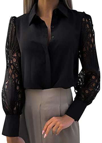 Top blusa da donna a maniche lunghe con scollo a V, pizzo splice, camicia camicia tinta unita a maniche lunghe, morbida, elegante, top camicia elegante da donna (nero, M)