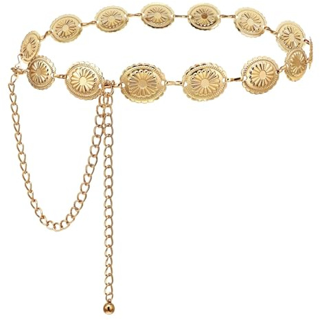 FNSIGHD Oval Flowers Gold Belt,Bohemian Vintage Flowers Gold Chain Belt,Golden Waist Chain,Retro Chains Belts for Women,Adjustable Western Metal Chains Belts,for Women Dresses,Jeans&Costumes