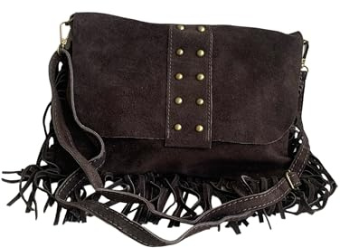 Sac à bandoulière avec franges et clous en daim italien. Bandoulière réglable et interchangeable. Fermeture éclair. Intérieur doublé avec poche intégrée., chocolat noir, M