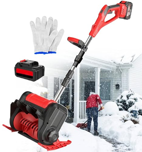 Cordless Snow Shovel,21V Battery Powered Electric Cordless Snow Blower,45° Adjustable Direction,30 cm Clearing Width,Foldable Snow Thrower for Patios,Walkways,Playground Red-2batteries