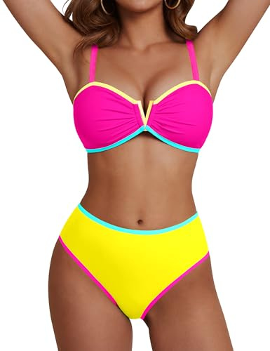 Blooming Jelly Women Bikini Sets Swimsuit Two Piece Bathing Suit Colorblock High Cut Bottom Push Up Swimwear(Pink Yellow, X-Large)