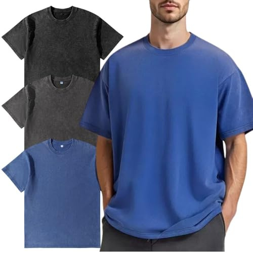 Confezione da 3 magliette oversize da uomo, in cotone, estive, retrò, lavate, unisex, alla moda, hip hop, vintage, casual, M