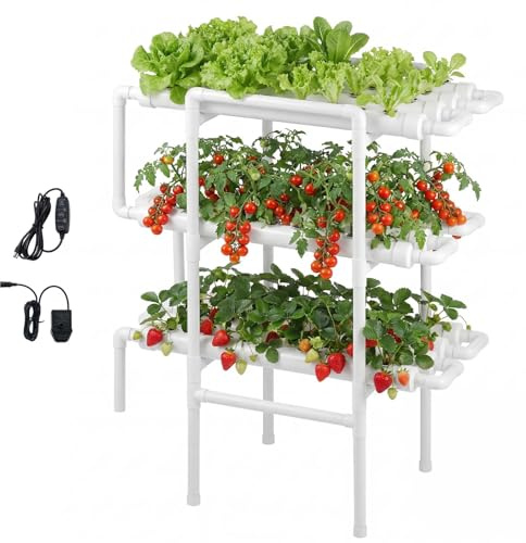 VEVOR Kit di Sistema di Coltivazione Idroponica con Tubi in UPVC a 3 Livelli e 108 Siti con Irrigazione Temporizzata, Tubi Idroponici Ispessiti, per Ortaggi da Interno per Frutta ed Erbe Aromatiche