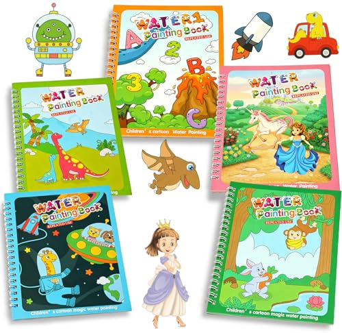 JoyPlus Magic Water Colouring Books, Reusable Water Painting Books for Kids | Magic Water Colouring Book with 5 Water Pen, Portable Mess-Free Coloring Books Educational Learning Kits Gifts for Toddlers