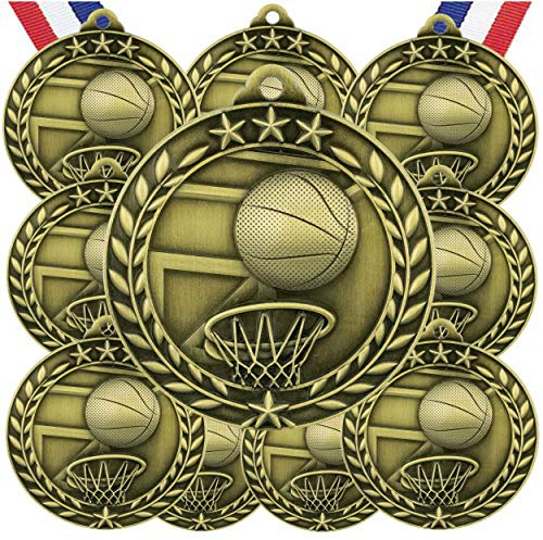 Express Medals Basketball Gold Medals Trophy Award with Neck Ribbons WAMG-903 - (Pack of 10)