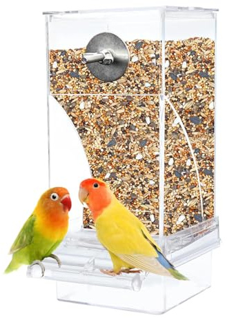 kathson No-Mess Bird Feeder Parrot Integrated Automatic Feeder Seed Food Container Acrylic Finch Foraging Feeders with Perch Cage Accessories for Small Birds Parakeet Canary Cockatiel Lovebirds