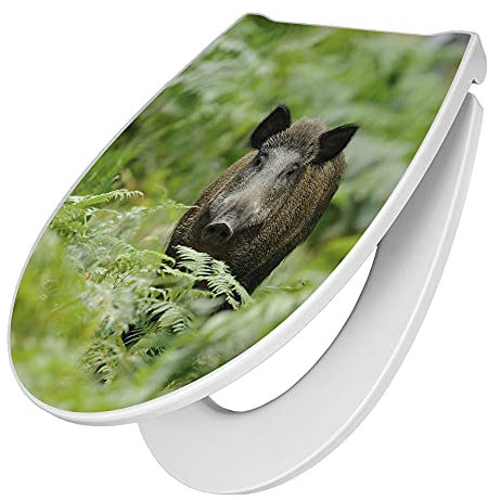 banjado Premium Toilettendeckel mit Absenkautomatik 45x38,4cm / WC Brille Soft Close/hygienischer Toilettendeckel/Klodeckel Duroplast mit Edelstahl Scharnier/Motiv Wildschwein