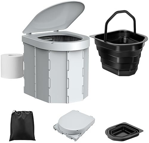 WADEO Tragbare Campingtoilette mit herausnehmbarem Inneneimer, Auslaufsichere Klapptoilette für Erwachsene, Faltbare Campingtoilette mit Papierhalter, Ideal für Wandern Camping Reisen Angeln (Grau)
