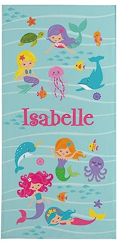 Let's Make Memories Personalized Beach Towel for Kids - Custom Towel for Pool Vacation Spring Break Camp Cruise - 30 Wx60 L - Standard Size - Mermaid & Friends