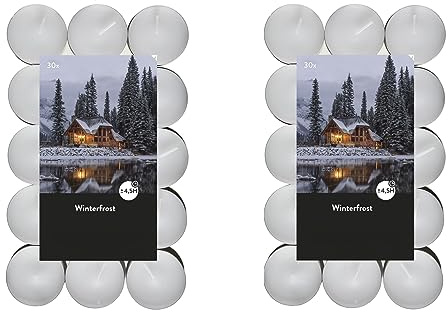 Lumini profumati 2 x 30 pezzi (60 lumini da tè) – Durata della combustione: 4,5 ore, senza fuliggine – per portacandele – portacandele – Natale, decorazione, matrimonio, gastro (bianco – profumo: gelo