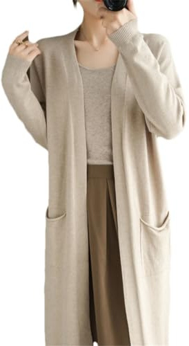 Dam kashmir cardigan ledig lång stickad cardigan damtröja jacka v-ringad cardigan, Khaki9, L