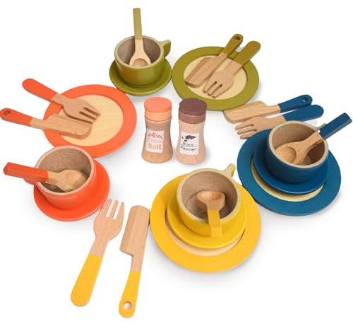 AolKee 26pc tea set for toddlers,wooden tea set, wooden kitchen toys, pretend play, toy kitchen accessories for 3 4 5 6 Years Old Childrens