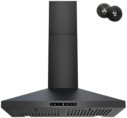 FIREGAS Black Range Hood 30 inch, 450 CFM Wall Mount Range Hood with Ducted/Ductless Convertible, Gesture Sensing Control & Touch Control Kitchen Hood Vent, Baffle Filters, Charcoal Filters