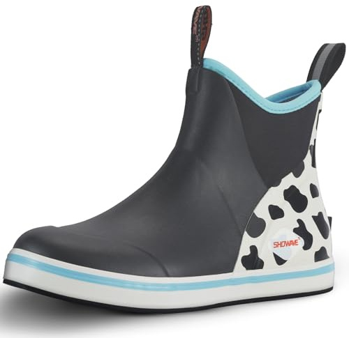 Showave Women's Deck Boots Waterproof Ankle Rain Footwear Non-Slip Rubber Boots for Boating Fishing Gardening Farming, Cow Print,Size 9