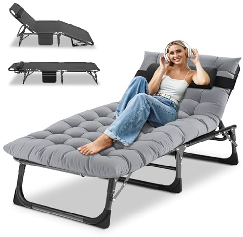 Ryuhic Folding Sun Lounger Recliners for Garden, Heavy Duty Adjustable Garden Bed with Mattress and Headrest, Oversized Portable Outdoor Camping Bed for Home, Office Nap, Patio Pool and Beach