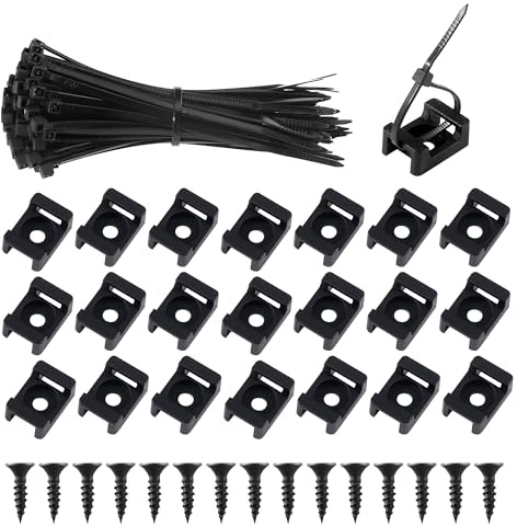 100 Pièces Attaches Cable avec Embase de Serre Cables et Vis, Attache de Câble Noir Supports, 100 mm Autobloquantes Fixations Collier en Nylon pour Organiser Câbles