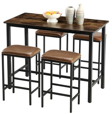 ReseeZac Set di 5 tavoli da pranzo da bar, tavolo da pranzo con 4 sgabelli da bar imbottiti, cucina e sala da pranzo, set tavolo da pranzo e sedia per 4, telaio in metallo, marrone