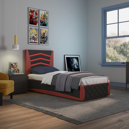 SlumberWorx GALAXY OTTOMAN STORAGE LED HEADBOARD GAMING SINGLE BED FRAME (Black and Red)