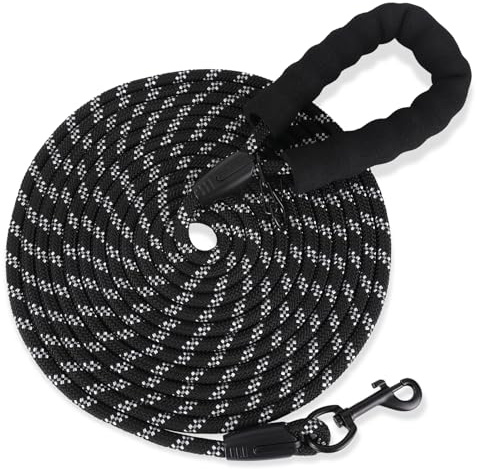 Reflektierend Schleppleine für Hunde, 5m Hundeleine mit Gepolsterten Griff und 2 Karabinerhaken,Starke Hundeleine Große Mittlere Hunde,5m 10m 20m Lang,Abschließbarer Karabiner (Schwarz, 5M X 9MM)