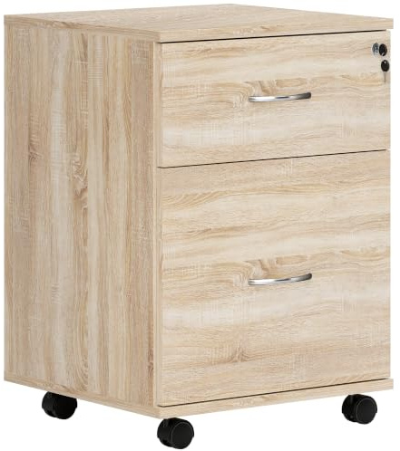 HOMCOM 2 Drawer Lockable Filing Cabinet for Home Office, Oak Wood Grain | With Wheels, Mobile Filing Cabinet, Small Printer Stand