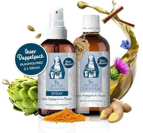 Aura vom Land Bio Premium Bittertropfen & Bitterspray Alkoholfrei nach Hildegard von Bingen 2x100ml Set –Hochdosierte Bitterstoffe Komplex als Tropfen/Spray – 9 Natürliche Bitterkräuter Bitter