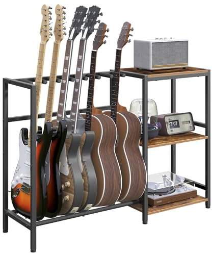 MAHANCRIS Gitarrenständer für 7 Akustik-, E-Gitarre, Bass, Schallplattenständer, Alben, Vinyl Schallplatten Lagerung, Schaumstoffummantelt, für Musikstudio, Vintagebraun und Schwarz AGSHR9701N1