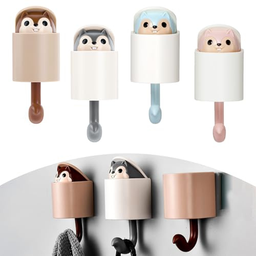 Norhogo Lot de 4 crochets à vêtements en forme d'écureuil mignon, créatif et mignon avec porte-clés, rangement et décoration murale pour la décoration de la maison