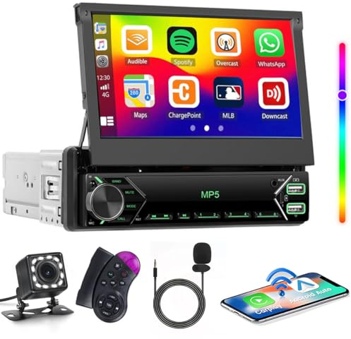 Hikity Pantalla Plegable 7 Pulgadas Radio con CarPlay Inalámbrico Android Auto, Radio de Coche 1 DIN con Cámara de Visión Trasera, SWC Mirror Link FM Radio Color Retroiluminación Ajuste