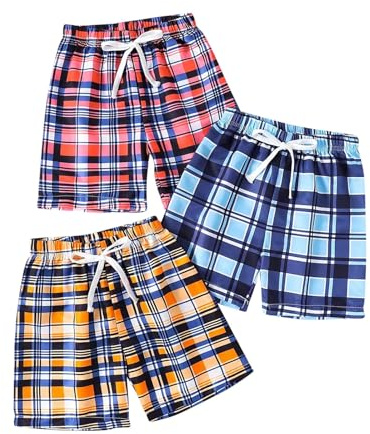 KQIVAM 3er Pack Shorts Jungen Kariert Sommer Casual Kurze Hosen Bermuda Leichte Sommerhose Kurz Sportshorts Freizeitshorts mit Tunnelzug Kurze Hose Kinder 2-8 Jahre Alt