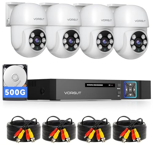 VORGUT Wired Security Camera System Outdoor, 4pcs Pan/Tilt CCTV Cameras and 4CH 5MP Lite AHD TVI DVR (500GB HDD), 360° View Surveillance DVR Kit, Motion Detection, 24/7 Recording, Remote Access