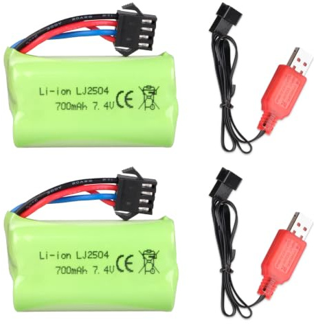 2PCS 7.4 V 700 mAh Batería de Litio con Conector SM-4P y Cable de Carga USB para Coche RC, Barco, Camión, Coche de Juguete EC16 DE85, Blaster Eléctrico M416 Gel Ball, AUG M249 QZB95