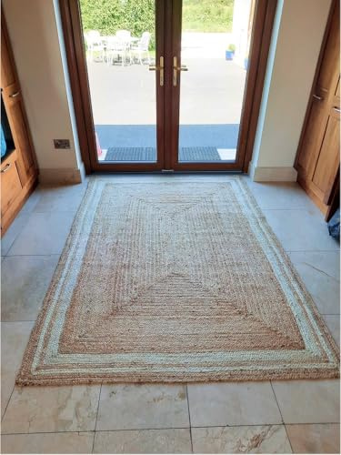 Modern Rustic Jute Rug with Tightly Woven Texture Soft Beige and White Edge Contemporary Natural Fibre for Dining or Lounge 160cm x 230cm (5ft 3 x 7ft 7)