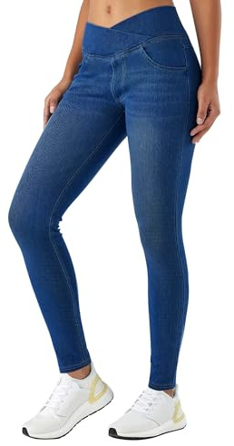 LaiEr Donna V Crossover Skinny Jeans Vita Alta Controllo Pancia Leggings Fitness Casual, Elasticità Morbida Stampa Denim Finto Casual con Tasche Laterali.(Blu Scuro M)