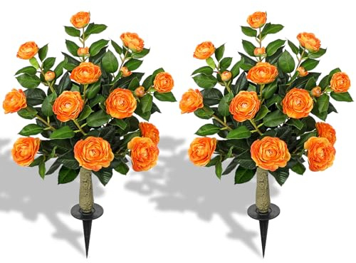 33 Artificial Camellia Tree with Ground Spike, Faux Bushes Plants with Fake Flowers, 2 Pack Realistic Blooming Shrubs for Front Porch Pots, Patio Yard Landscape, Outdoor Garden Walkway Decor, Orange