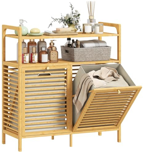 HOMCOM Mobile Portabiancheria da Bagno con 2 Scomparti a Ribalta, 2x41L, Mobile Biancheria Sporca in Bambù con Cesti Rimovibili Lavabili e 2 Ripiani, per Lavanderia e Bagno, 82x33x88 cm, Color Legno