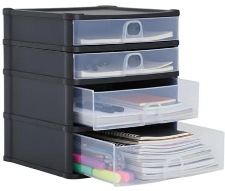 AOC24 Plastic A4 Drawer Unit – Medium 2 Deep & 2 Shallow Drawers, Slimline Desktop Storage Tower, Durable Tabletop Organiser, Space-Saving Drawer for Home, Office & Study – Black/Clear