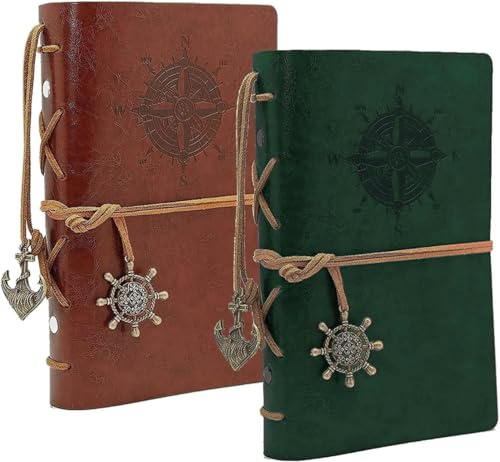 BetterJonny 2-pack läderanteckningsbok A7, retro anteckningsbok i läder vintage spiralbunden dagbok, påfyllningsbar dagbok, resedagbok, skissbok för män och kvinnor, grön och brun