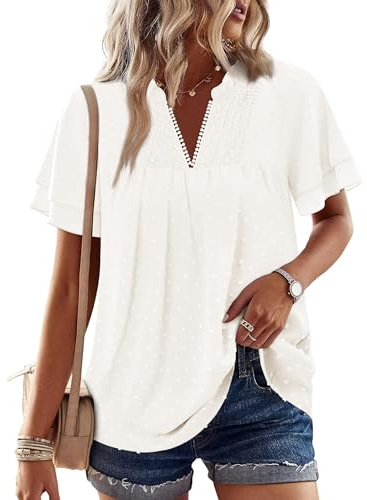 KISSMODA Womens Short Sleeve Blouses Ladies V Neck Pleated Blouses Dressy Flowy Swiss Dot Shirts Casual Summer Tops Clothes