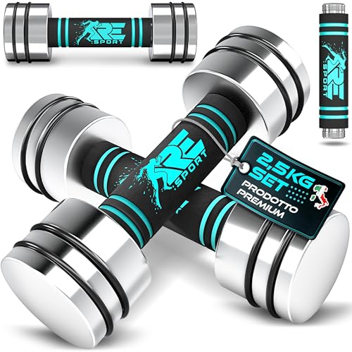 RE:SPORT Lot de 2 haltères, en acier massif, 2,5/5/7,5/10 kg, avec poids et poignée en mousse, pour fitness, à la maison, la musculation et le renforcement musculaire, turquoise, 2 x 2,5 kg